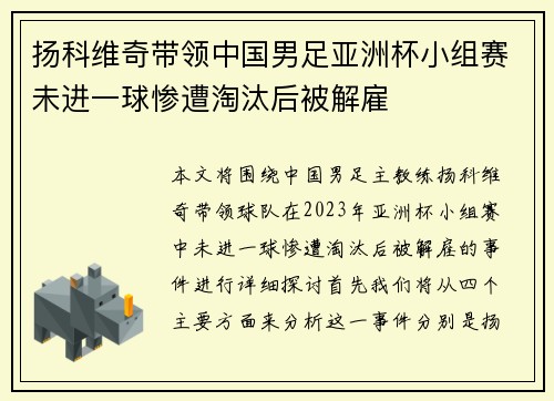 扬科维奇带领中国男足亚洲杯小组赛未进一球惨遭淘汰后被解雇